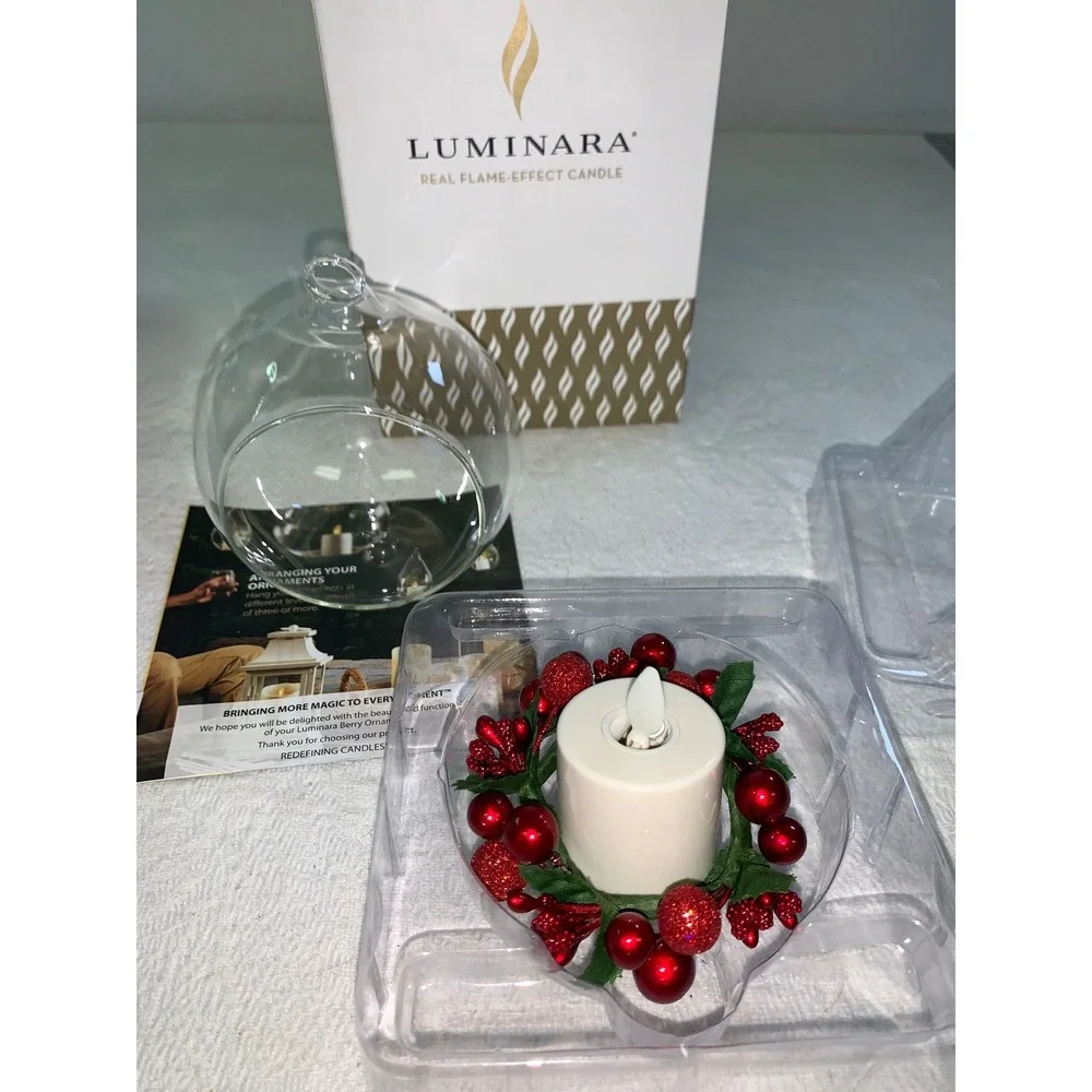 Luminara Real Flame-Effect Candle Berry Ornament Glass Globe Votive Timer CR2450
